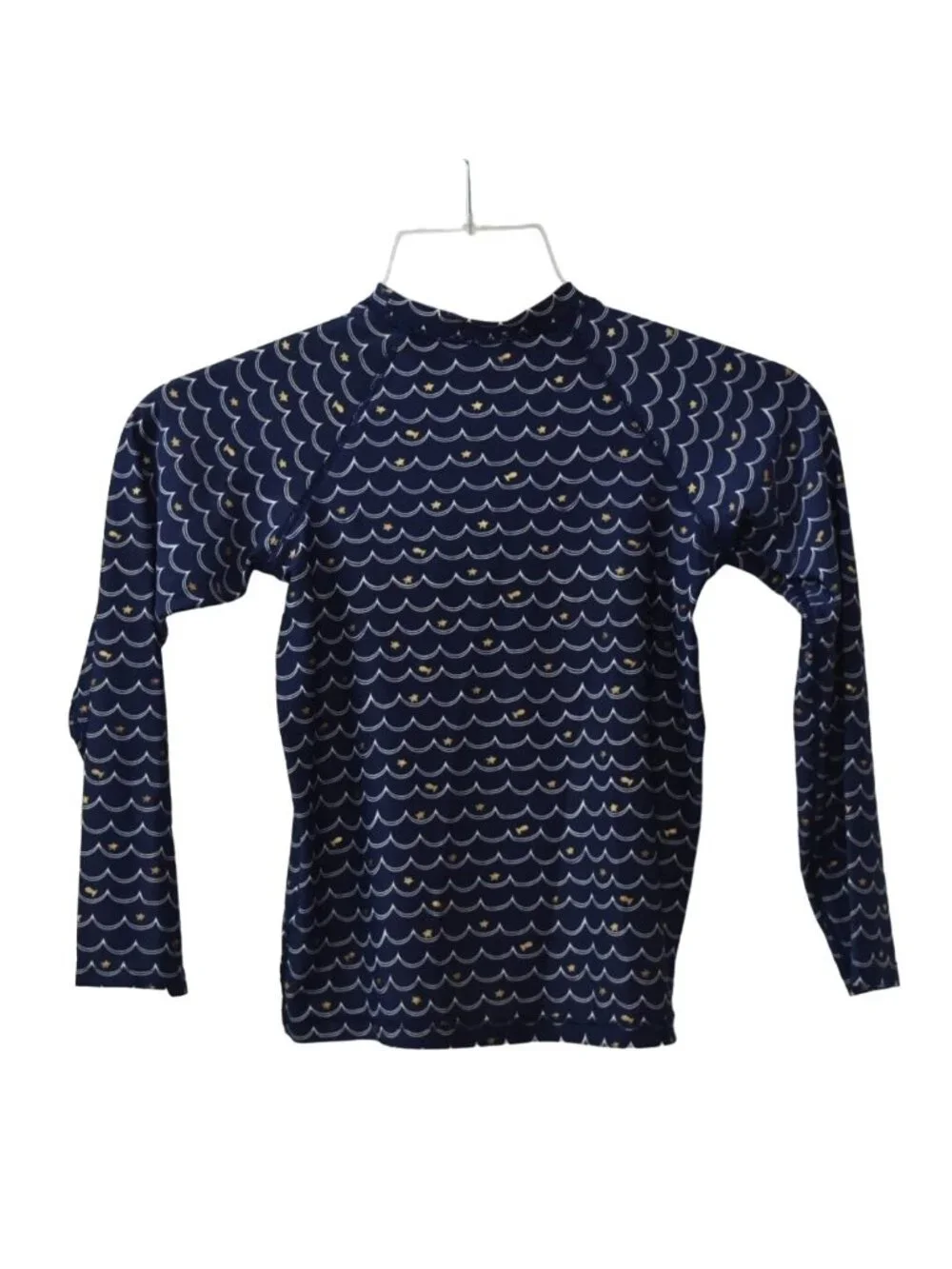 EGG Girls Long Sleeve Rash Guard Swimsuit Bikini Bottom Navy Blue Wave Print Siz